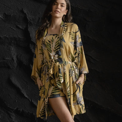Midnight Bakery Aloha Print Wrapper AHA130-Robes-Midnight Bakery-Tropic Belle Yellow-XSmall/Small-Anna Bella Fine Lingerie, Reveal Your Most Gorgeous Self!