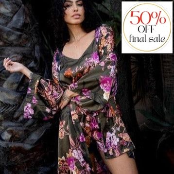 Midnight Bakery Cinder Print Wrap in Pretty in Fall CID130-Robes-Midnight Bakery-Pretty in Fall-XSmall/Small-Anna Bella Fine Lingerie, Reveal Your Most Gorgeous Self!