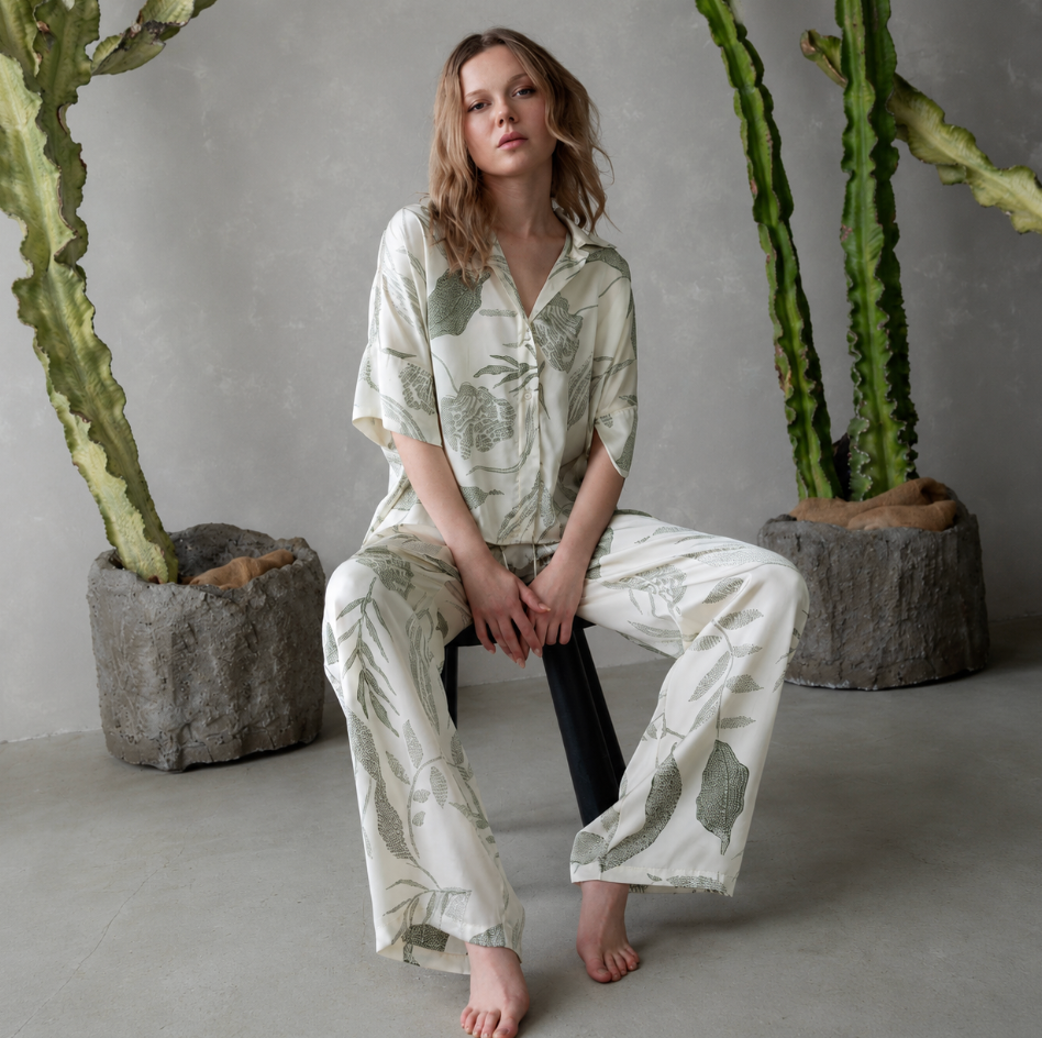 Midnight Bakery Emma PJ Set EAE345 in Seagrass /Cream-Sleepwear-Midnight Bakery-Seagrass/Loden-XSmall-Anna Bella Fine Lingerie, Reveal Your Most Gorgeous Self!