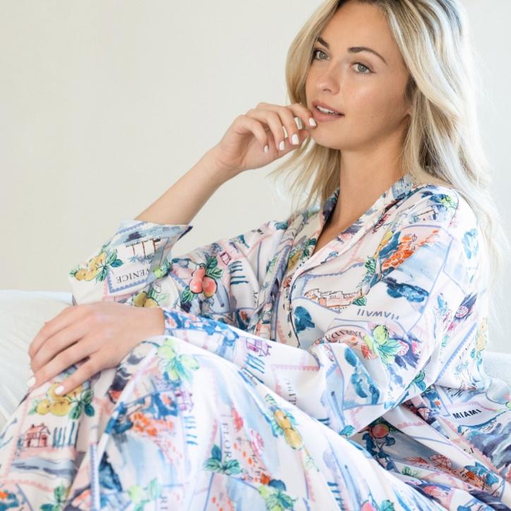 Midnight Bakery Georgia Pajama Set in Postcards GEG345-Sleepwear-Midnight Bakery-Post Cards-XSmall-Anna Bella Fine Lingerie, Reveal Your Most Gorgeous Self!