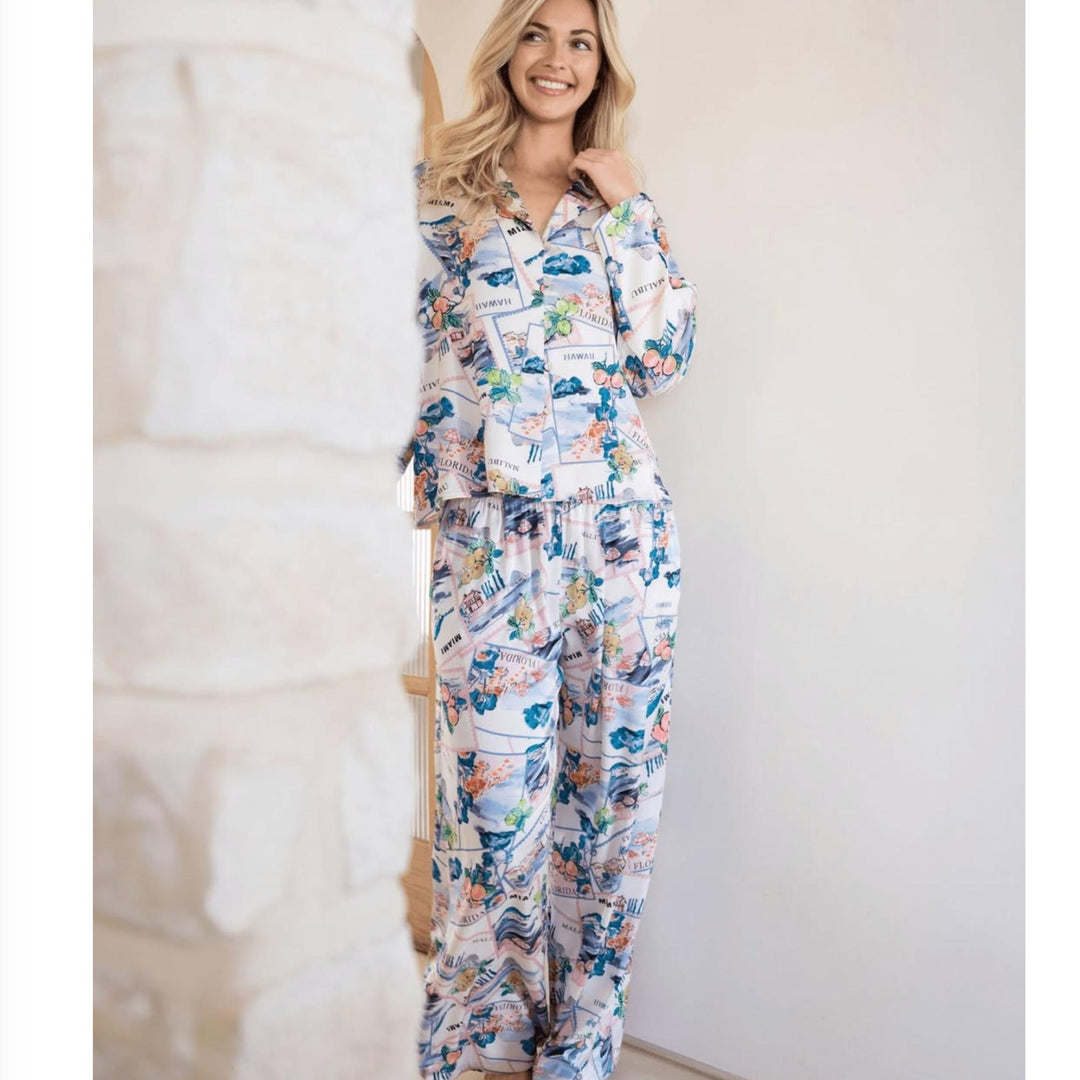 Midnight Bakery Georgia Pajama Set in Postcards GEG345-Sleepwear-Midnight Bakery-Post Cards-XSmall-Anna Bella Fine Lingerie, Reveal Your Most Gorgeous Self!