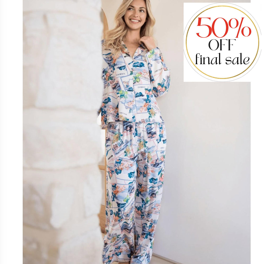 Midnight Bakery Georgia Pajama Set in Postcards GEG345-Sleepwear-Midnight Bakery-Post Cards-XSmall-Anna Bella Fine Lingerie, Reveal Your Most Gorgeous Self!