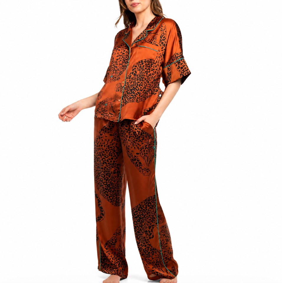 Midnight Bakery Indah Green Eyed Cat PJ Pant Set IDH145-Sleepwear-Midnight Bakery-Rust-XSmall-Anna Bella Fine Lingerie, Reveal Your Most Gorgeous Self!