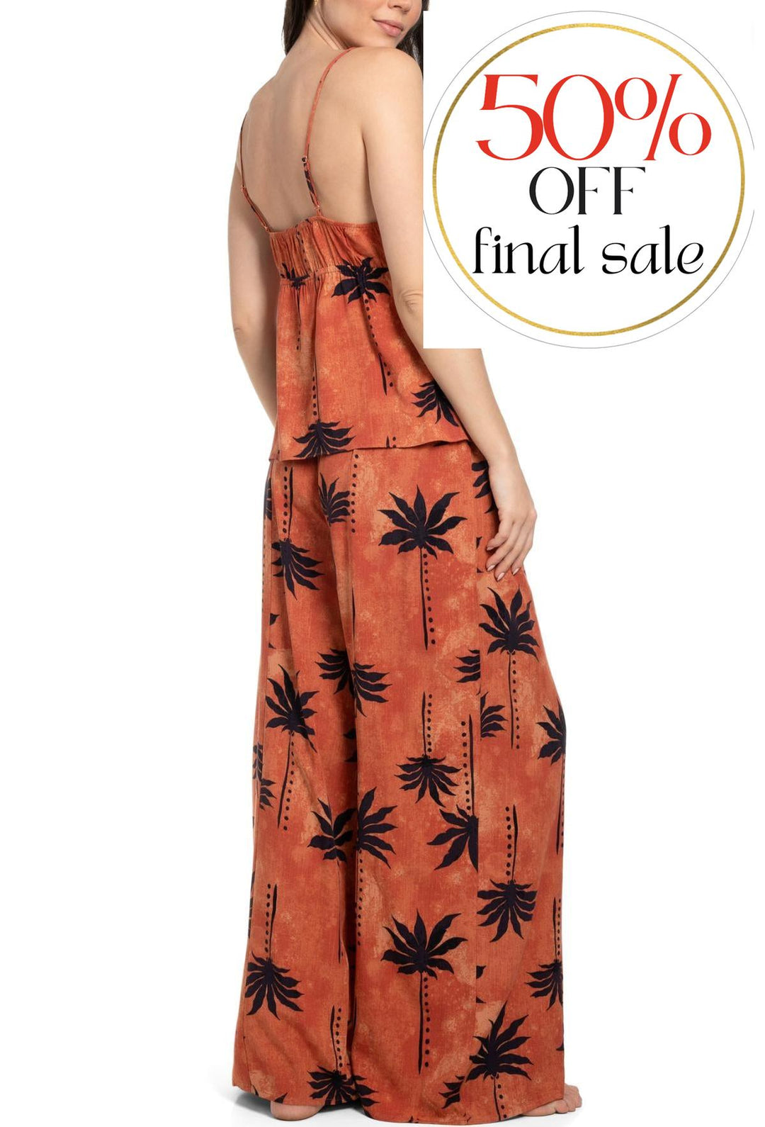 Midnight Bakery Palms Heated Summer Pant Set PAS145-Loungewear-Midnight Bakery-Heated Summer Rust-Small-Anna Bella Fine Lingerie, Reveal Your Most Gorgeous Self!