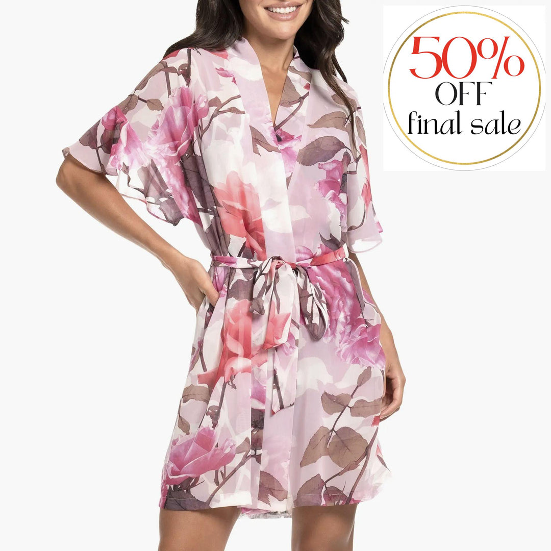 Midnight Bakery Taylor Ruffle Trim Print Wrapper TAY130-Robes-Midnight Bakery-Park Rose-XSmall/Small-Anna Bella Fine Lingerie, Reveal Your Most Gorgeous Self!