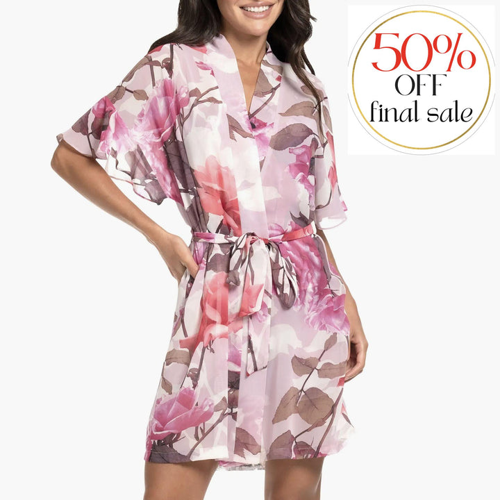 Midnight Bakery Taylor Ruffle Trim Print Wrapper TAY130-Robes-Midnight Bakery-Park Rose-XSmall/Small-Anna Bella Fine Lingerie, Reveal Your Most Gorgeous Self!