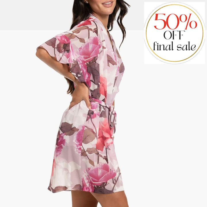 Midnight Bakery Taylor Ruffle Trim Print Wrapper TAY130-Robes-Midnight Bakery-Park Rose-XSmall/Small-Anna Bella Fine Lingerie, Reveal Your Most Gorgeous Self!