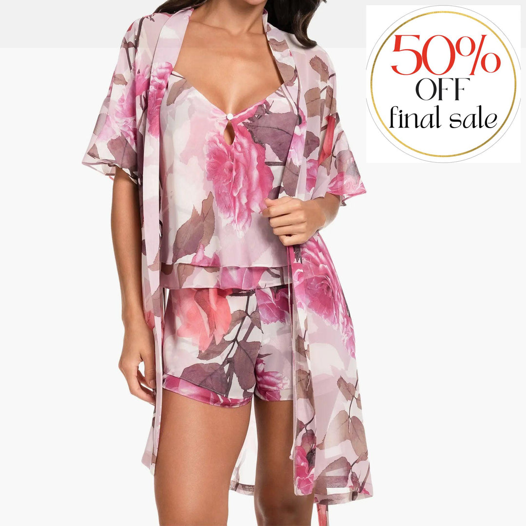 Midnight Bakery Taylor Ruffle Trim Print Wrapper TAY130-Robes-Midnight Bakery-Park Rose-XSmall/Small-Anna Bella Fine Lingerie, Reveal Your Most Gorgeous Self!