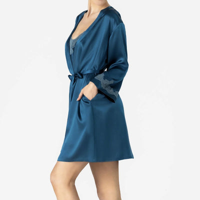 NK iMode Morgan Iconic Short Silk Robe in Blue Topaz $375.00-Robes-NK iMode-Blue Topaz-Small-Anna Bella Fine Lingerie, Reveal Your Most Gorgeous Self!