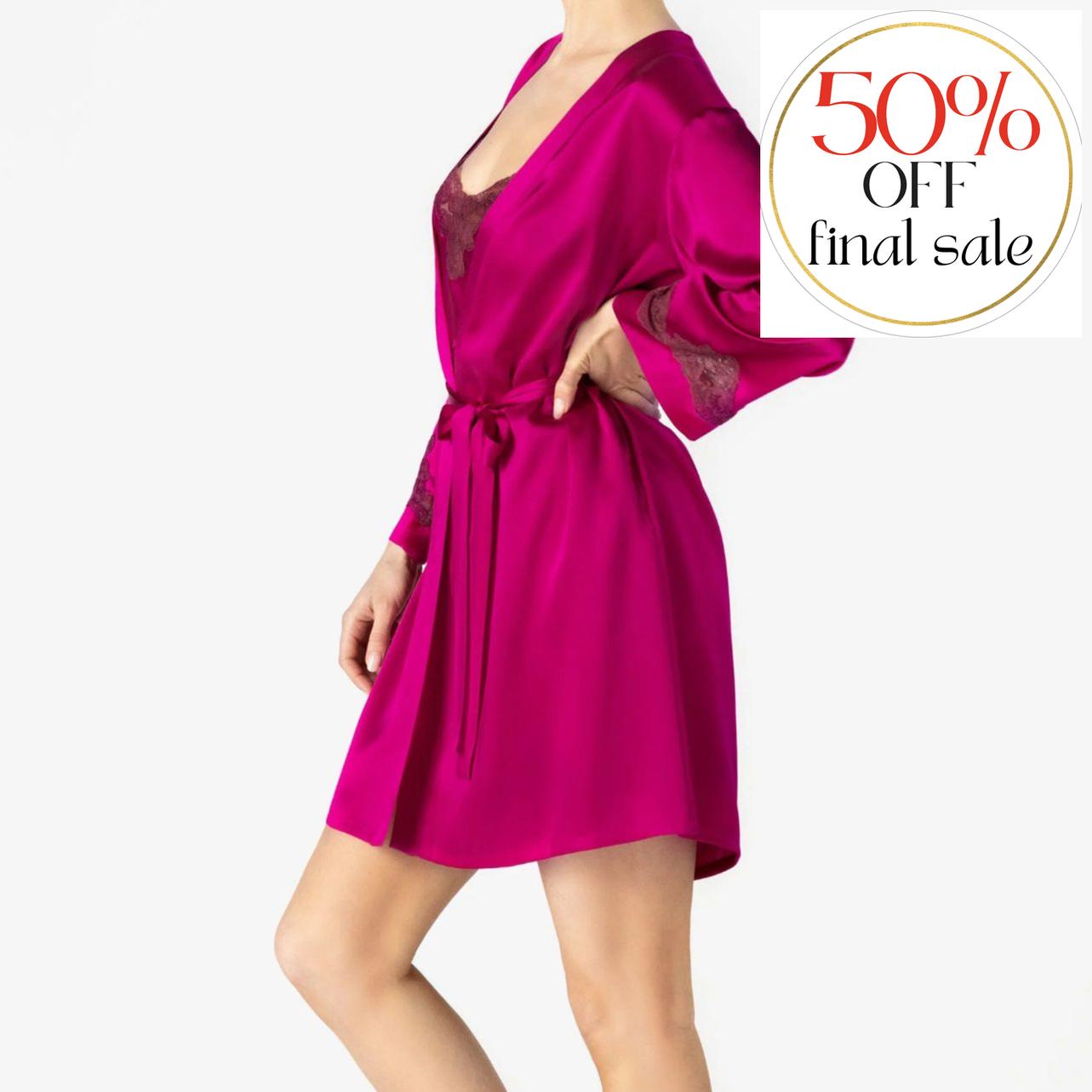 NK iMode Morgan Iconic Short Silk Robe in Pink Ruby-Robes-NK iMode-Pink Ruby-Medium-Anna Bella Fine Lingerie, Reveal Your Most Gorgeous Self!