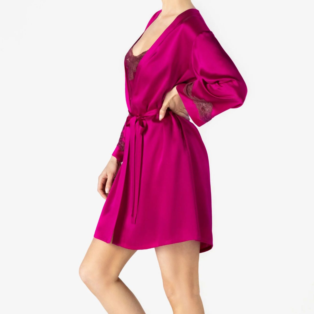 NK iMode Morgan Iconic Short Silk Robe in Pink Ruby-Robes-NK iMode-Pink Ruby-Medium-Anna Bella Fine Lingerie, Reveal Your Most Gorgeous Self!