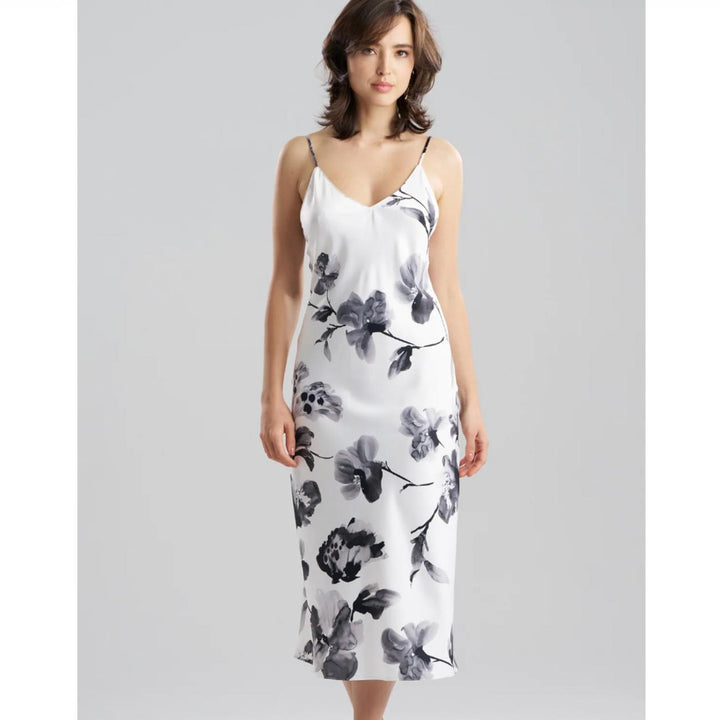 Natori Aurelia Printed Satin Gown X73020 in Warm White and Black-Sleepwear-Natori-Warm White and Black-Small-Anna Bella Fine Lingerie, Reveal Your Most Gorgeous Self!