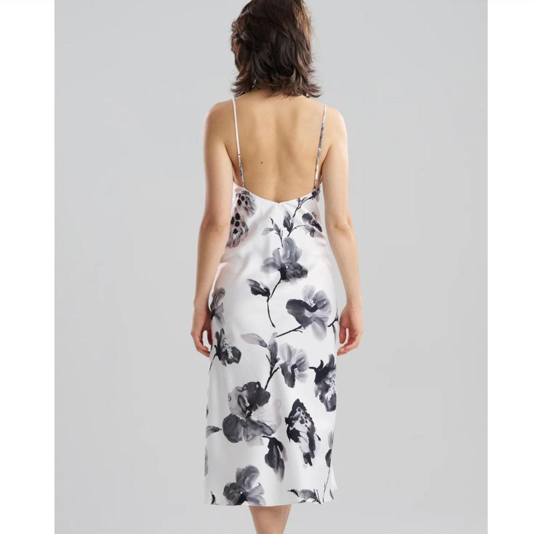 Natori Aurelia Printed Satin Gown X73020 in Warm White and Black-Sleepwear-Natori-Warm White and Black-Small-Anna Bella Fine Lingerie, Reveal Your Most Gorgeous Self!