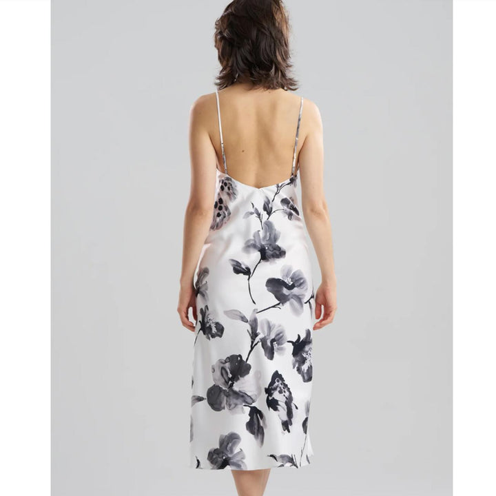 Natori Aurelia Printed Satin Gown X73020 in Warm White and Black-Sleepwear-Natori-Warm White and Black-Small-Anna Bella Fine Lingerie, Reveal Your Most Gorgeous Self!