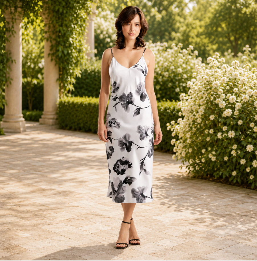 Natori Aurelia Printed Satin Gown X73020 in Warm White and Black-Sleepwear-Natori-Warm White and Black-Small-Anna Bella Fine Lingerie, Reveal Your Most Gorgeous Self!