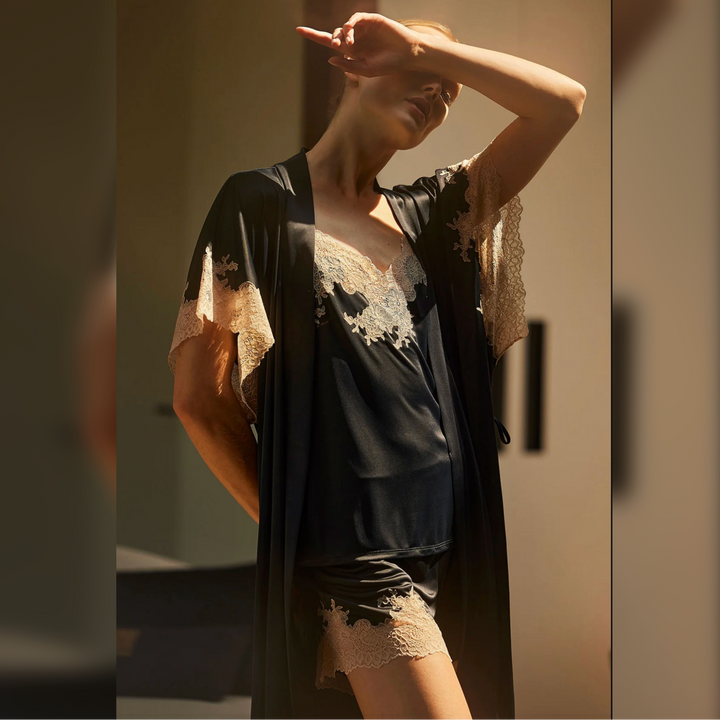Natori Enchant 36" Wrap in Black/Cafe T74012-Robes-Natori-Black/Cafe-Small-Anna Bella Fine Lingerie, Reveal Your Most Gorgeous Self!