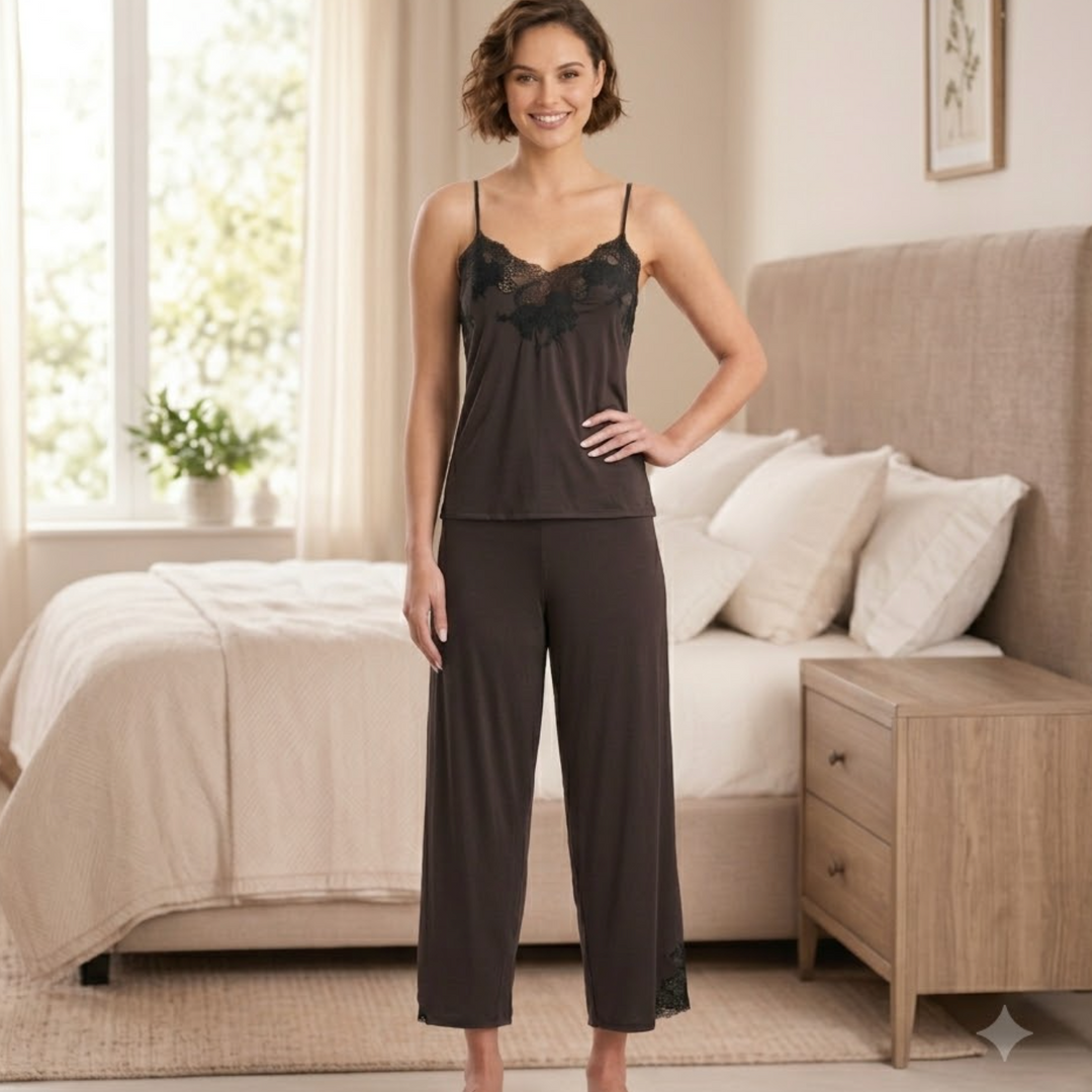 Natori Enchant Cami Pant Set V76312 in Espresso-Sleepwear-Natori-Espresso-XSmall-Anna Bella Fine Lingerie, Reveal Your Most Gorgeous Self!