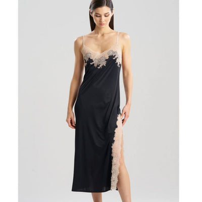 Natori Enchant Lace Slit Gown in Black with Cafe Lace P73012-Anna Bella Fine Lingerie-Black and Cafe-Small-