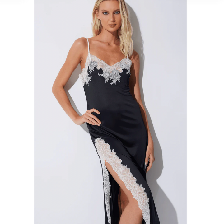 Natori Enchant Lace Slit Gown in Black with Ivory Lace V73012-Loungewear-Natori-Black and Ivory-Small-Anna Bella Fine Lingerie, Reveal Your Most Gorgeous Self!