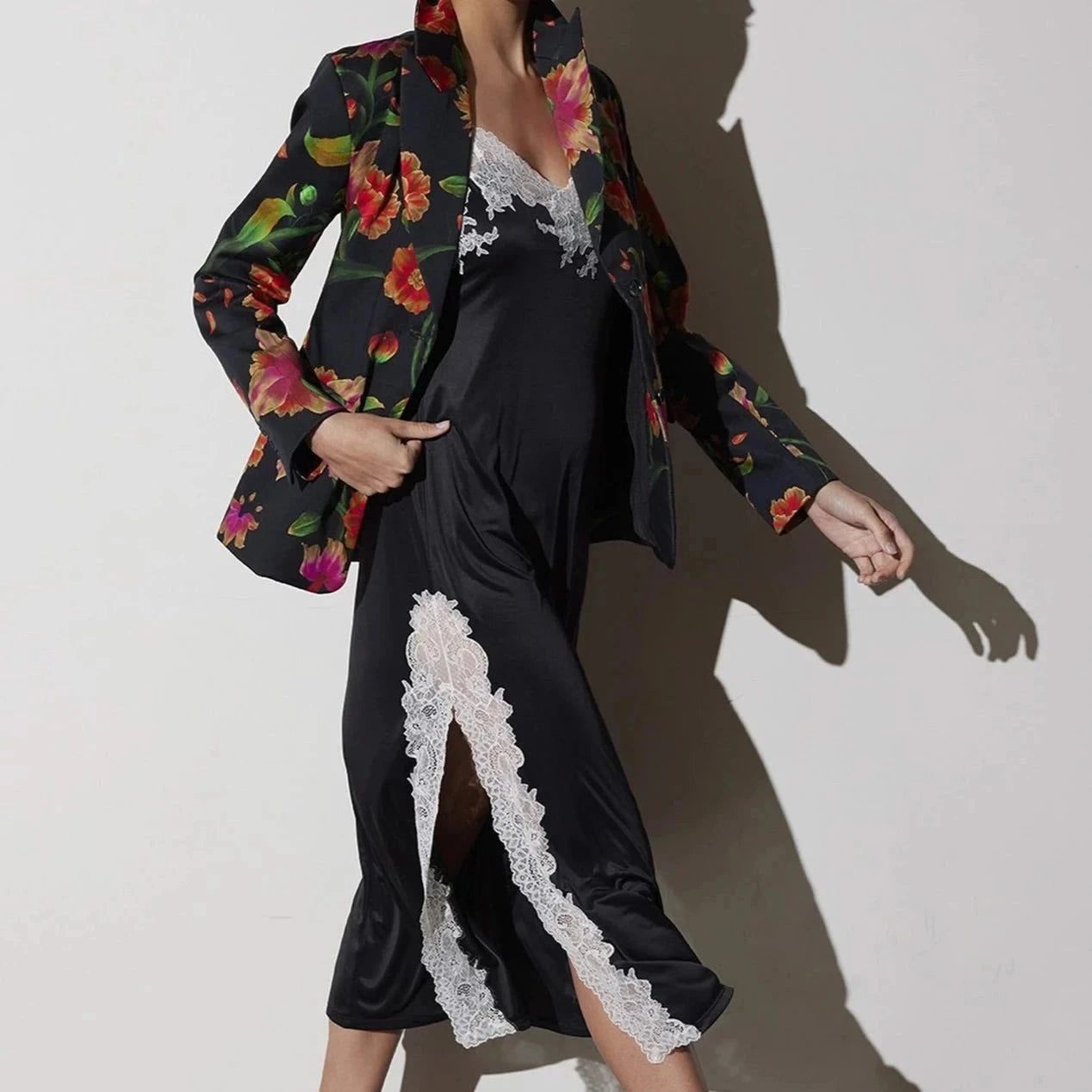 Natori Enchant Lace Slit Gown in Black with Ivory Lace V73078-Loungewear-Natori-Black and Ivory-Small-Anna Bella Fine Lingerie, Reveal Your Most Gorgeous Self!