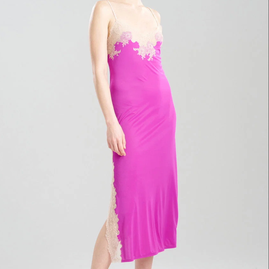 Natori Enchant Lace Slit Gown in Magenta V73012-Sleepwear-Natori-Magenta-Small-Anna Bella Fine Lingerie, Reveal Your Most Gorgeous Self!