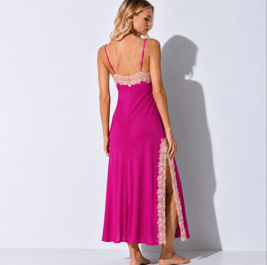 Natori Enchant Lace Slit Gown in Magenta V73012-Sleepwear-Natori-Magenta-Small-Anna Bella Fine Lingerie, Reveal Your Most Gorgeous Self!