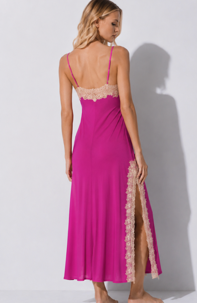 Natori Enchant Lace Slit Gown in Magenta V73012-Sleepwear-Natori-Magenta-Small-Anna Bella Fine Lingerie, Reveal Your Most Gorgeous Self!