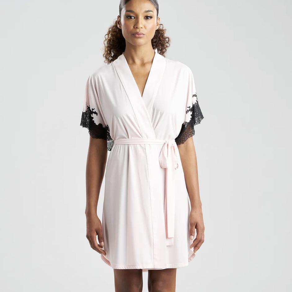 Natori Enchant Short Wrap in Pink/Black P74012-Robes-Natori-Pink / Black-Small-Anna Bella Fine Lingerie, Reveal Your Most Gorgeous Self!