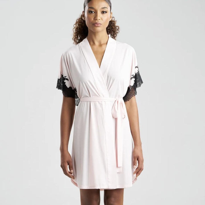 Natori Enchant Short Wrap in Pink/Black P74012-Robes-Natori-Pink / Black-Small-Anna Bella Fine Lingerie, Reveal Your Most Gorgeous Self!