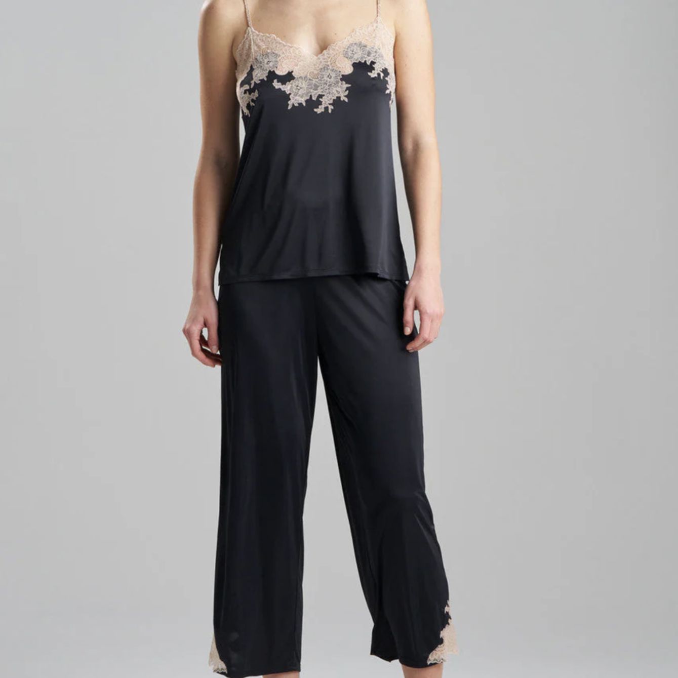 Natori Feathers Cami Pant Set U76312 in Black and Cafe-Anna Bella Fine Lingerie-Black and Cafe-Small-