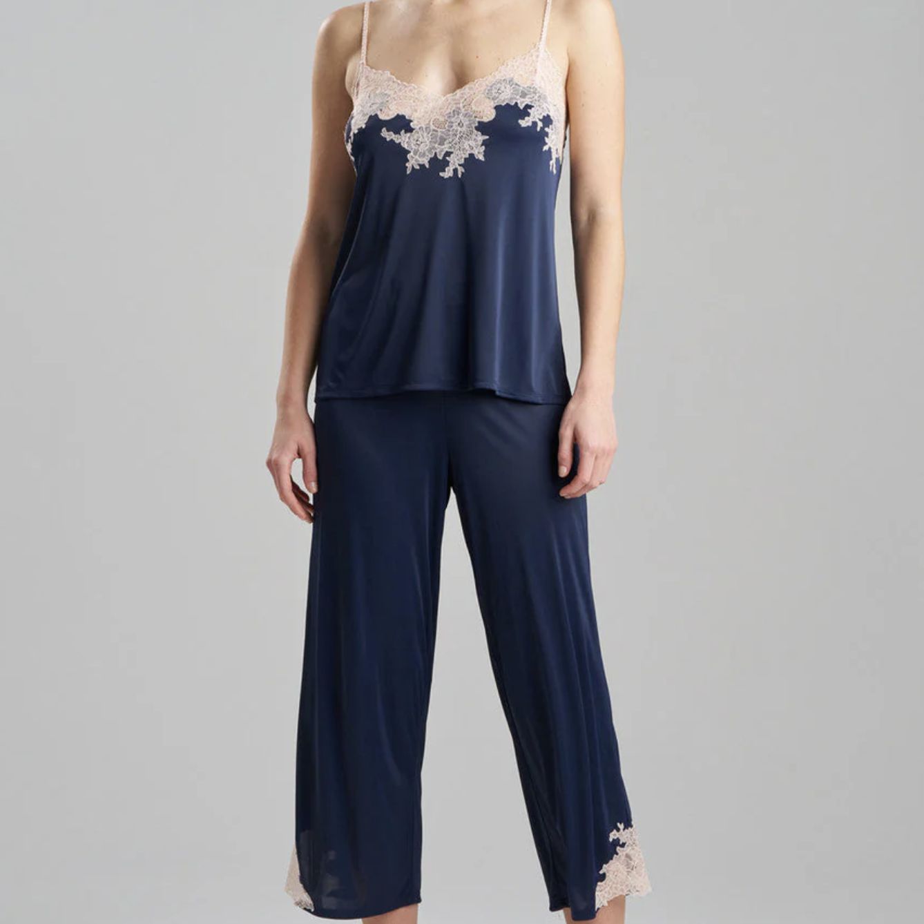 Natori Feathers Cami Pant Set U76312 in Navy and Cafe-Loungewear-Natori-Navy and Cafe-XSmall-Anna Bella Fine Lingerie, Reveal Your Most Gorgeous Self!