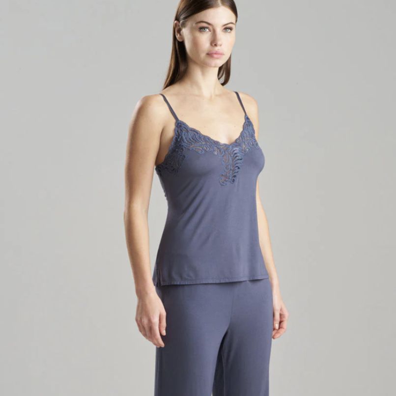 Natori Feathers Essentials Lenzing Ecovero Viscose Lace Cami PJ U76229-Loungewear-Natori-Navy-Small-Anna Bella Fine Lingerie, Reveal Your Most Gorgeous Self!