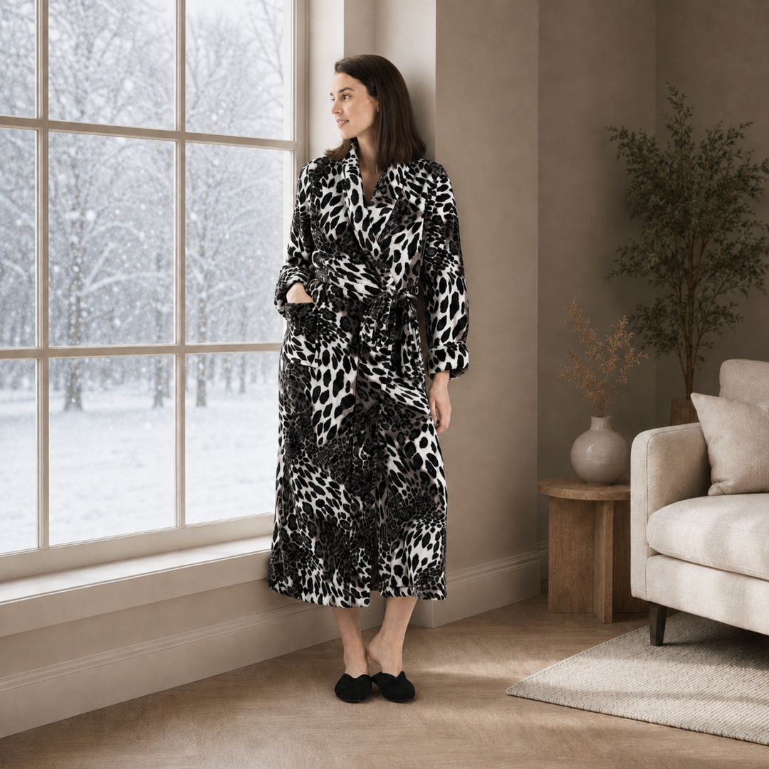 Natori Luxe Leopard 52" Robe in Black/White Print H74274-Robes-Natori-Black / White Print-XSmall-Anna Bella Fine Lingerie, Reveal Your Most Gorgeous Self!