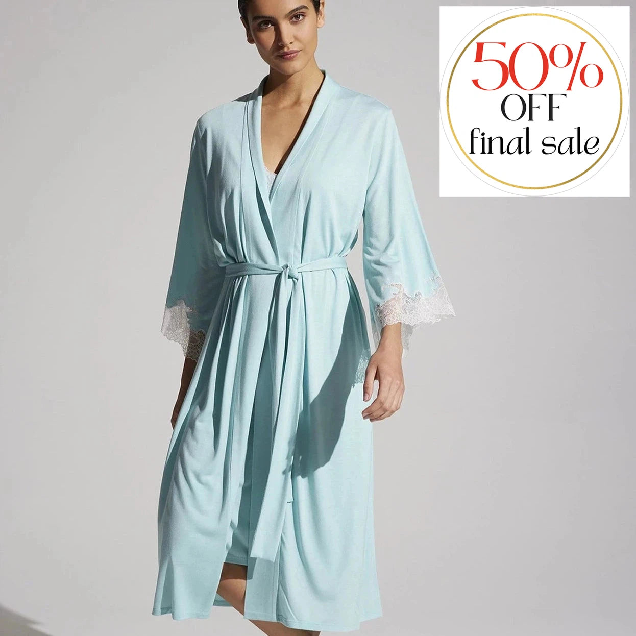 Natori Luxe Shangri La Robe E74056 in Wave Blue-Anna Bella Fine Lingerie-A timeless robe so soft you'll never want to take it off! 45" long from center back neck made of Poly Modal Knit with Lace.