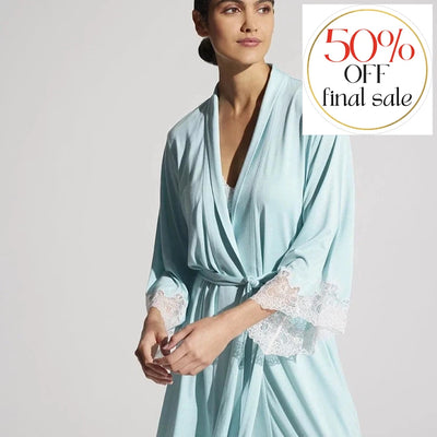 Natori Luxe Shangri La Robe E74056 in Wave Blue-Anna Bella Fine Lingerie-A timeless robe so soft you'll never want to take it off! 45" long from center back neck made of Poly Modal Knit with Lace.