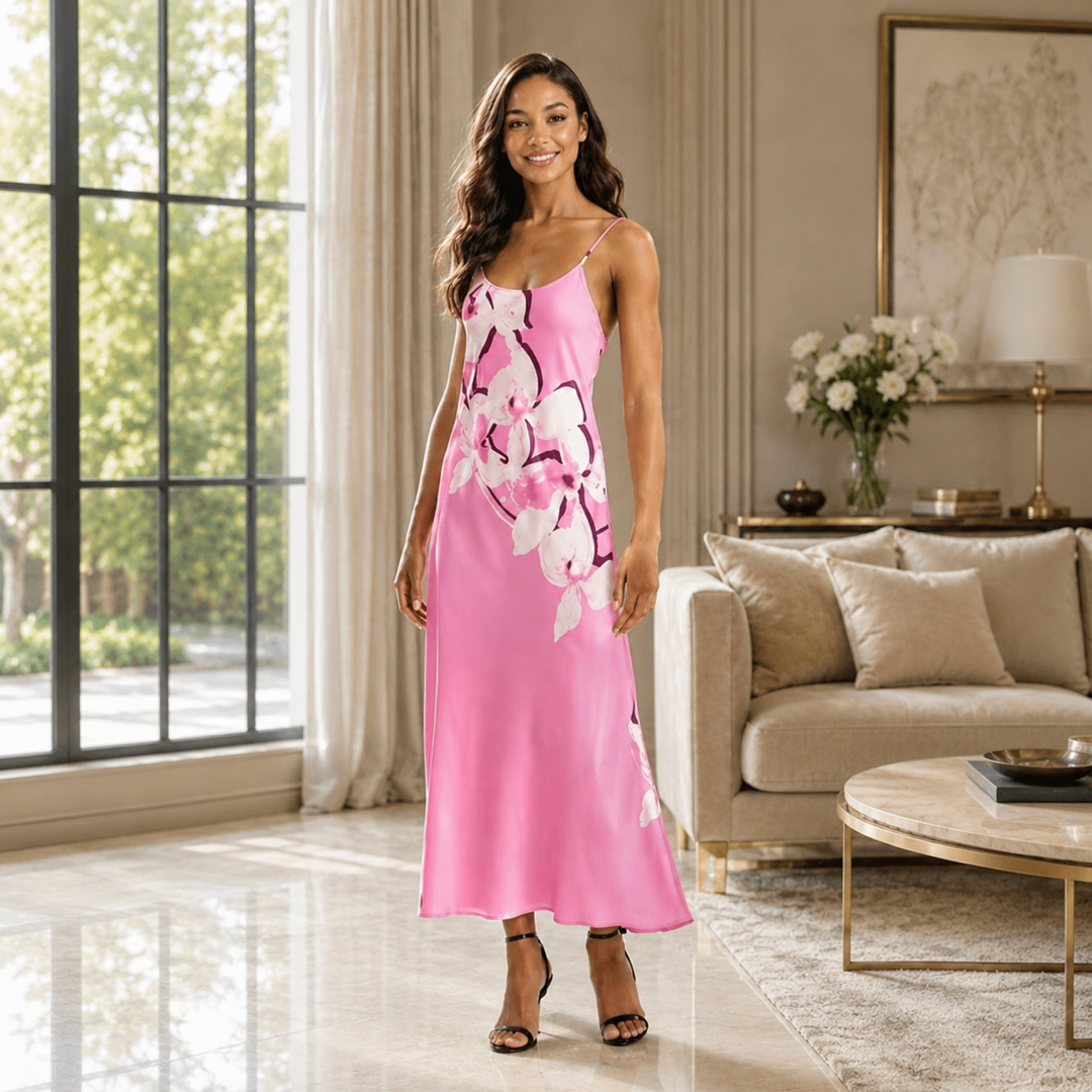 Natori Orchida 50" Gown in Tulip X73039-Sleepwear-Natori-Tulip-XSmall-Anna Bella Fine Lingerie, Reveal Your Most Gorgeous Self!