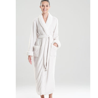 Natori Plush Sherpa 52" Robe D74068 in Bone-Anna Bella Fine Lingerie-Experience the plush and cozy indulgence of Natori's best-selling Sherpa robe. From the center back, it's 52" long and features a blend of flannel and Sherpa in a solid color. Use the self-tie at the waist to secure it and remember to machine wash cold with like colors, no bleach, tumble dry low, and cool iron if needed for easy care.