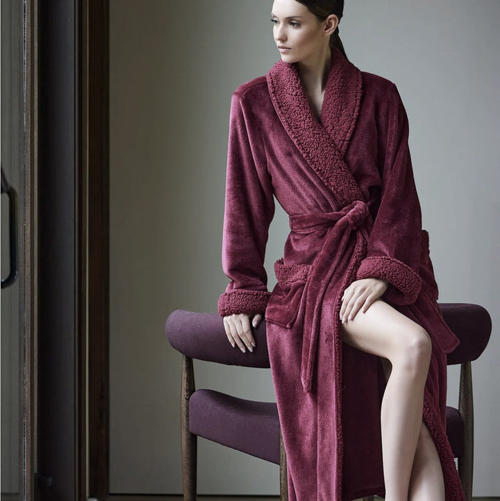 Natori Plush Sherpa 52" Robe D74068 in Dark Red-Robes-Natori-Dark Red-XSmall-Anna Bella Fine Lingerie, Reveal Your Most Gorgeous Self!