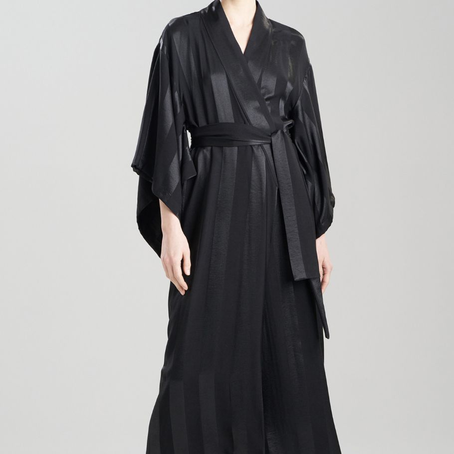 Natori Satin Jacquard Stripe Robe U74007 in Black-Anna Bella Fine Lingerie-Black-Small-