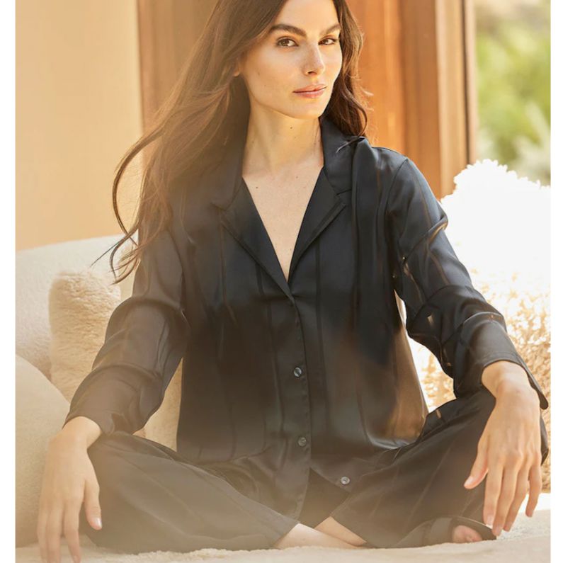 Natori Sheer Stripe Jacquard Notch PJ Set U76008 in Black-Loungewear-Natori-Black-Small-Anna Bella Fine Lingerie, Reveal Your Most Gorgeous Self!