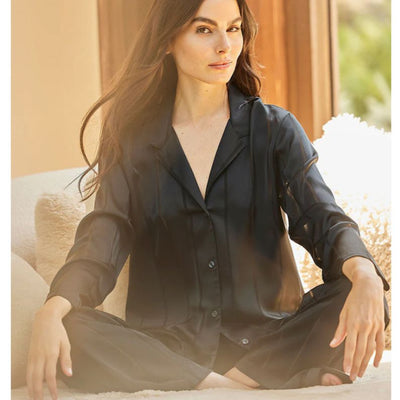 Natori Sheer Stripe Jacquard Notch PJ Set U76008 in Black-Loungewear-Natori-Black-Small-Anna Bella Fine Lingerie, Reveal Your Most Gorgeous Self!