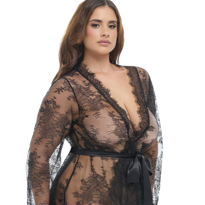 Oh La La Cheri Amore Lace Robe 94-12131-Robes-Oh la la Cheri-Black-1XLarge/2XLarge-Anna Bella Fine Lingerie, Reveal Your Most Gorgeous Self!