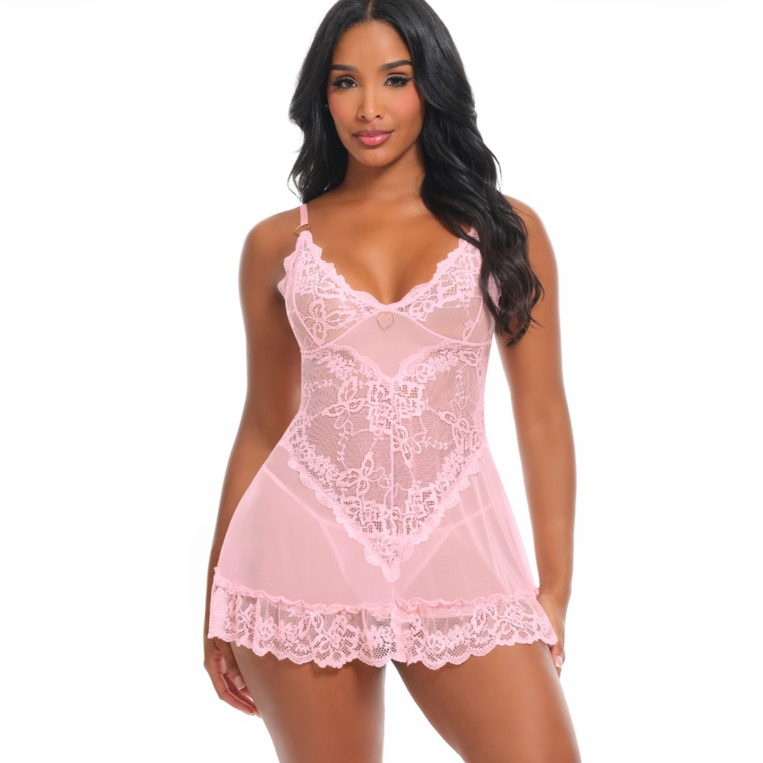 Oh La La Cheri Forever Valentine Soft Cup Babydoll with Lace Detail & G-String in Almond Blossom-Sleepwear-Oh la la Cheri-Almond Blossom-Small-Anna Bella Fine Lingerie, Reveal Your Most Gorgeous Self!