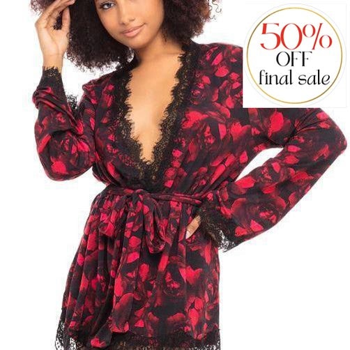 Oh La La Cheri Georgia Stefania Printed Robe 94-11436-Robes-Oh la la Cheri-Black Rose Print-Small/Medium-Anna Bella Fine Lingerie, Reveal Your Most Gorgeous Self!