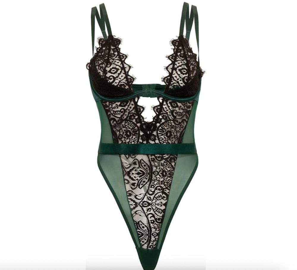 Oh La La Cheri Kenzi Bodysuit 51-119999-Bodysuit-Oh la la Cheri-Black/Rain Forest-Small-Anna Bella Fine Lingerie, Reveal Your Most Gorgeous Self!