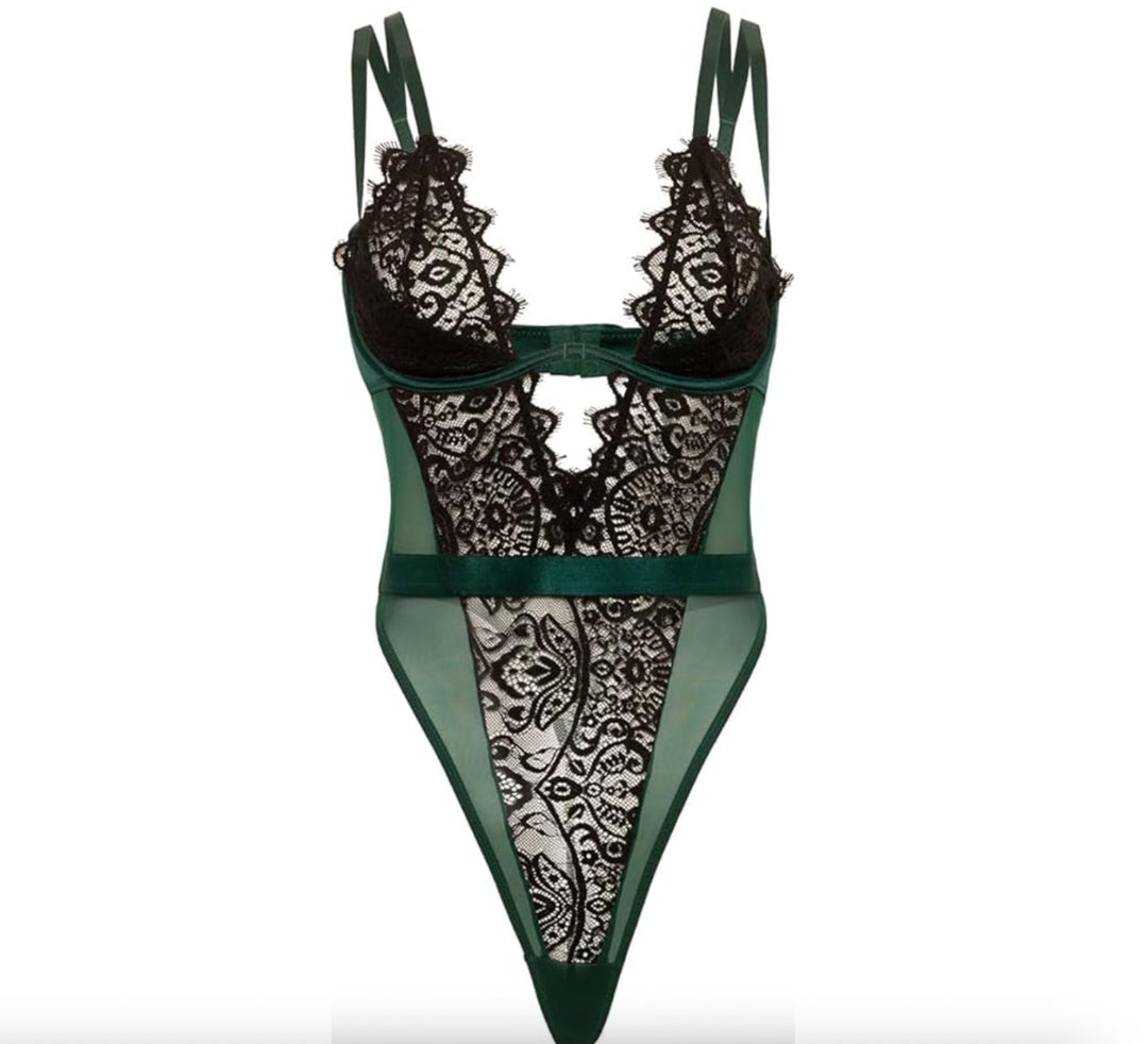 Oh La La Cheri Kenzi Bodysuit 51-119999-Bodysuit-Oh la la Cheri-Black/Rain Forest-Small-Anna Bella Fine Lingerie, Reveal Your Most Gorgeous Self!
