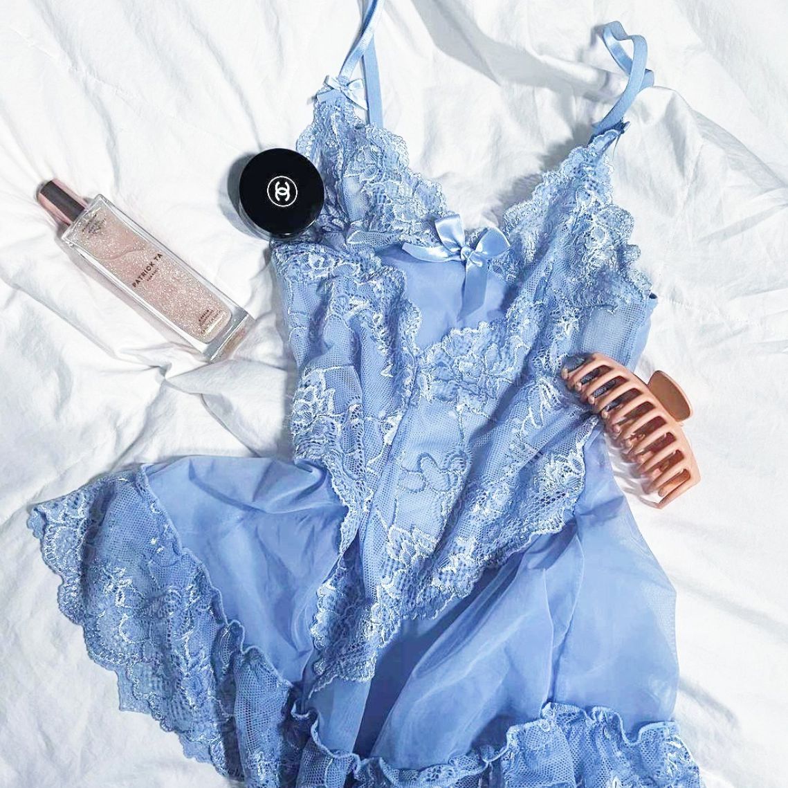 Oh La La Cheri Valentine Soft Cup Babydoll with Lace Detail & G-String in Brunnera Blue 2139-Anna Bella Fine Lingerie-Brunnera Blue-Small-