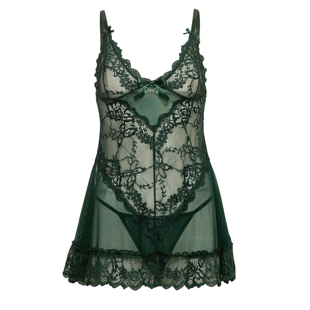 Oh La La Cheri Valentine Soft Cup Babydoll with Lace Detail & G-String in Rain Forest-Anna Bella Fine Lingerie-Rain Forest-Small-
