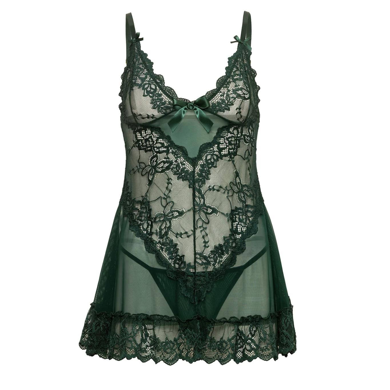 Oh La La Cheri Valentine Soft Cup Babydoll with Lace Detail & G-String in Rain Forest-Anna Bella Fine Lingerie-Rain Forest-Small-