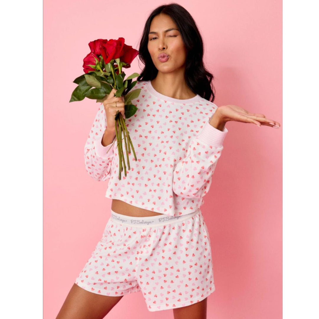 PJ Salvage Boyfriend Boxer Short Set RWBXST-Anna Bella Fine Lingerie-Ivory with Hearts-XSmall-